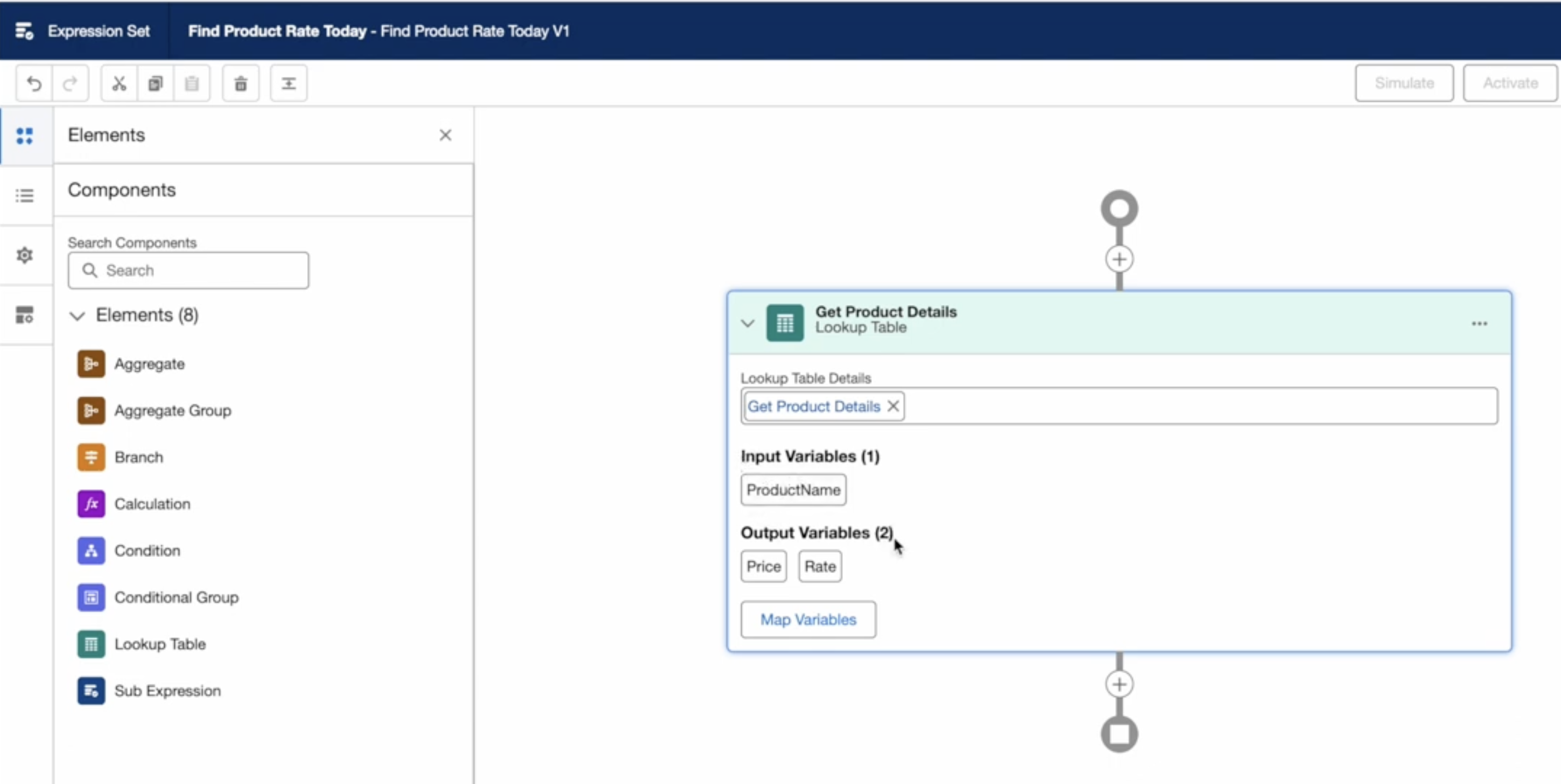 Salesforce Business Rules Engine Expression Set Builder interface showing visual workflow designer with calculation steps, branches, and lookup table connections