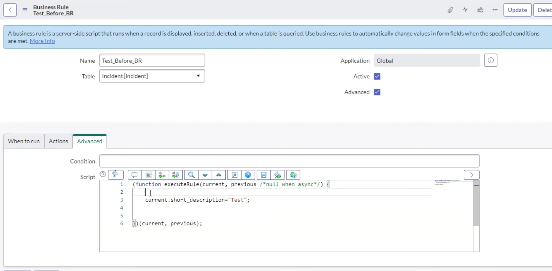 ServiceNow Business Rule Advanced tab with Script editor showing executeRule function with current and previous parameters
