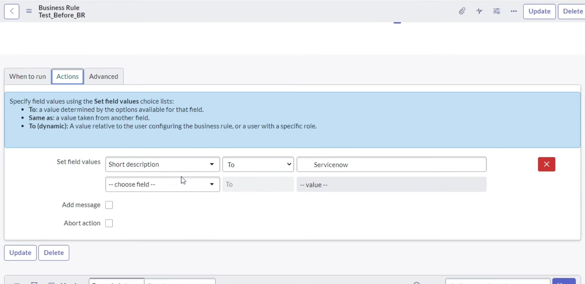 ServiceNow Business Rule Actions tab showing declarative Set field values configuration without scripting