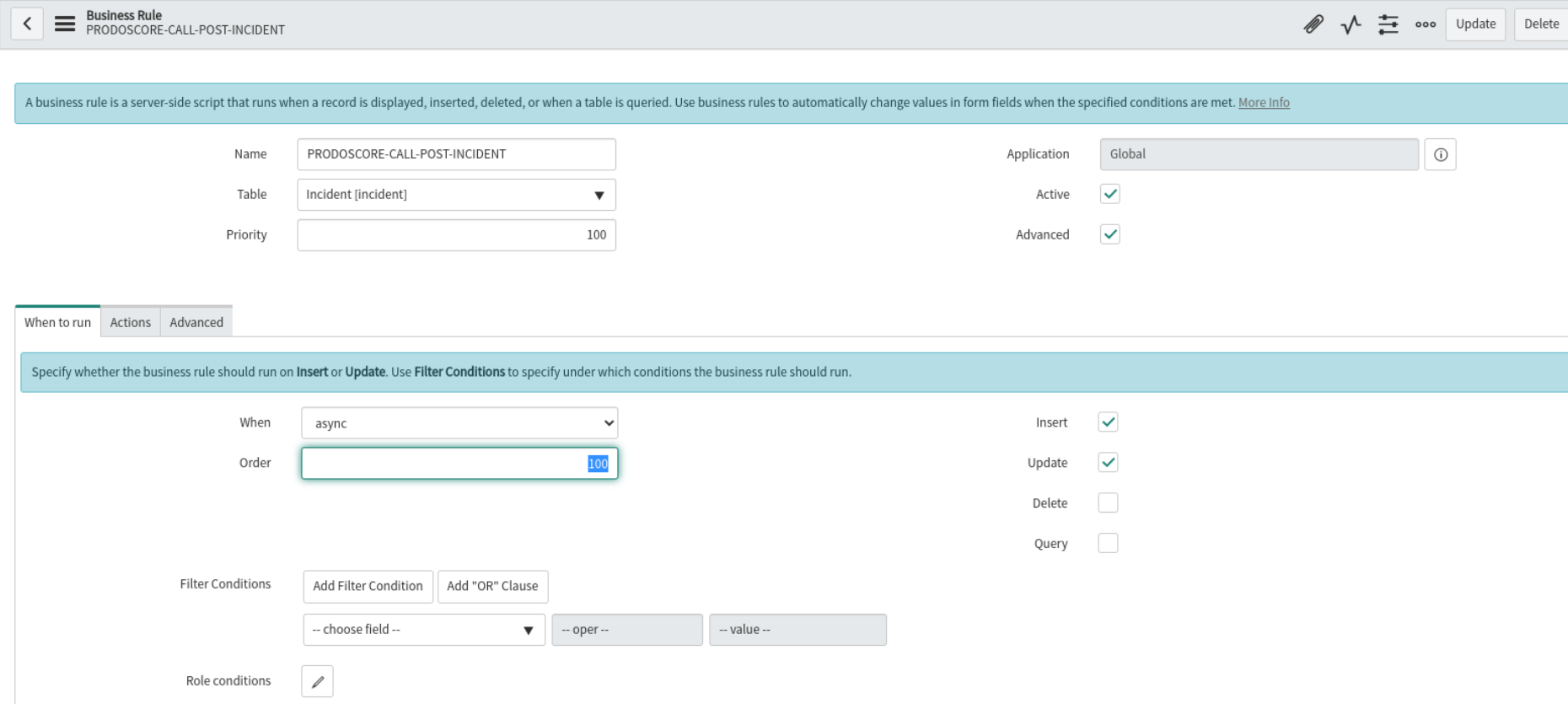 ServiceNow Business Rule Order field configuration showing execution priority value 100