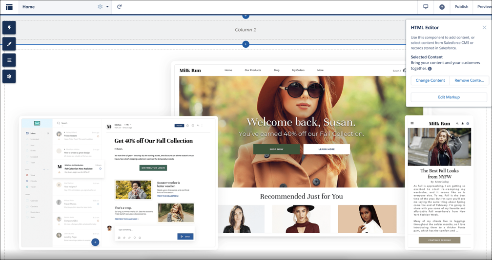 Salesforce Experience Builder interface showing LWR site design with HTML Editor, content management, and responsive preview across devices