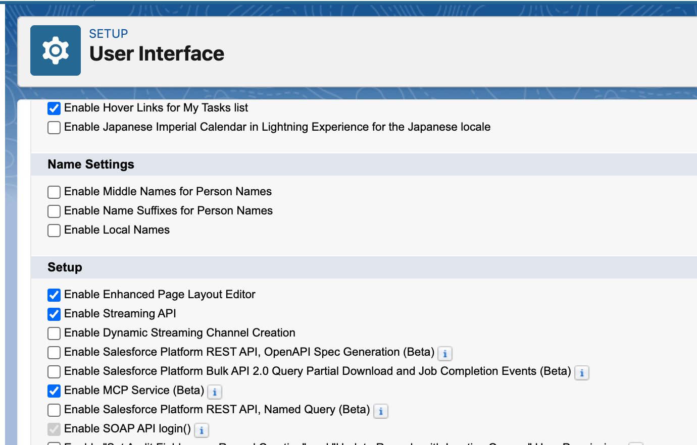 Salesforce Setup showing Enable MCP Service Beta checkbox under User Interface settings