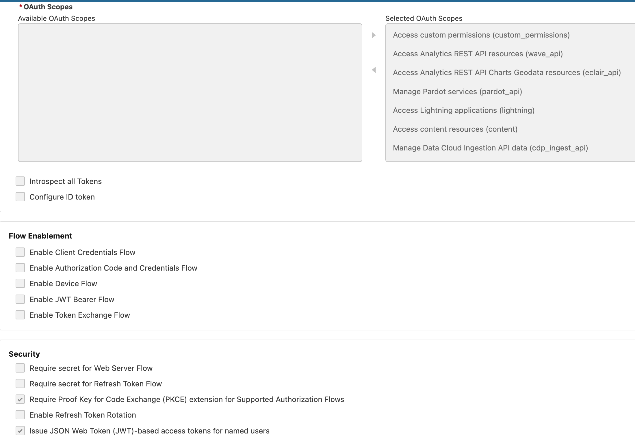 Salesforce External Client App security settings showing OAuth policies and session management for MCP