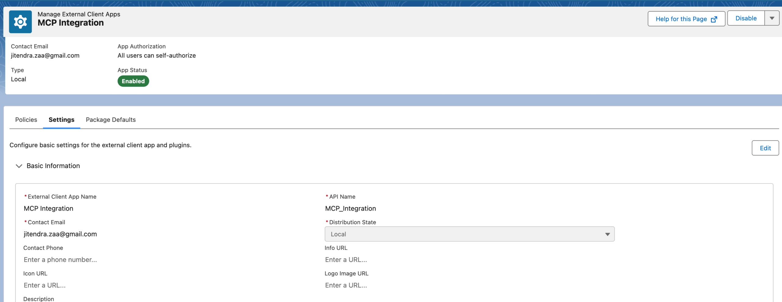 Salesforce External Client App OAuth configuration showing callback URL and selected OAuth scopes for MCP integration