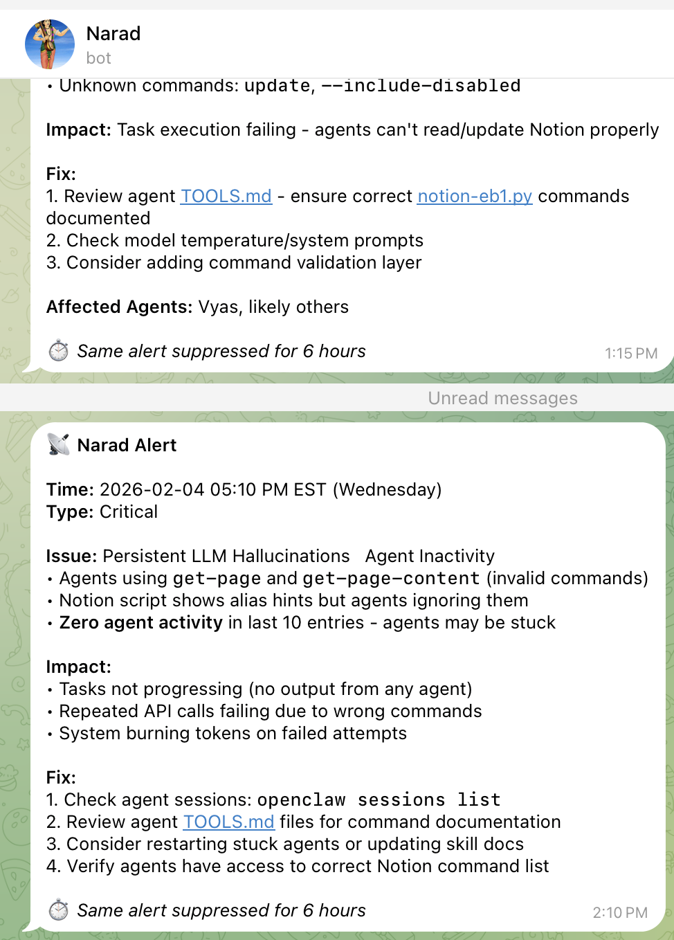 OpenClaw dedicated Telegram notification bot Narad showing health alerts and auto-recovery messages