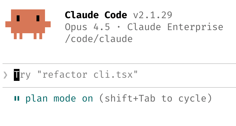 Claude Code v2.1.29 showing plan mode enabled with Shift+Tab toggle in the terminal interface