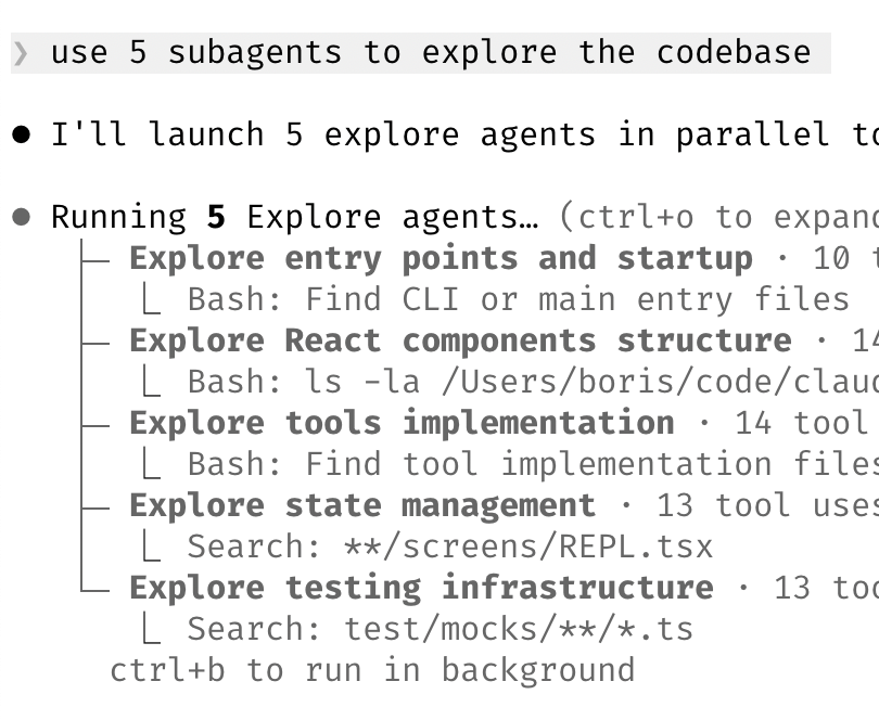Claude Code running 5 Explore subagents in parallel to search entry points, React components, tools, state management, and testing infrastructure