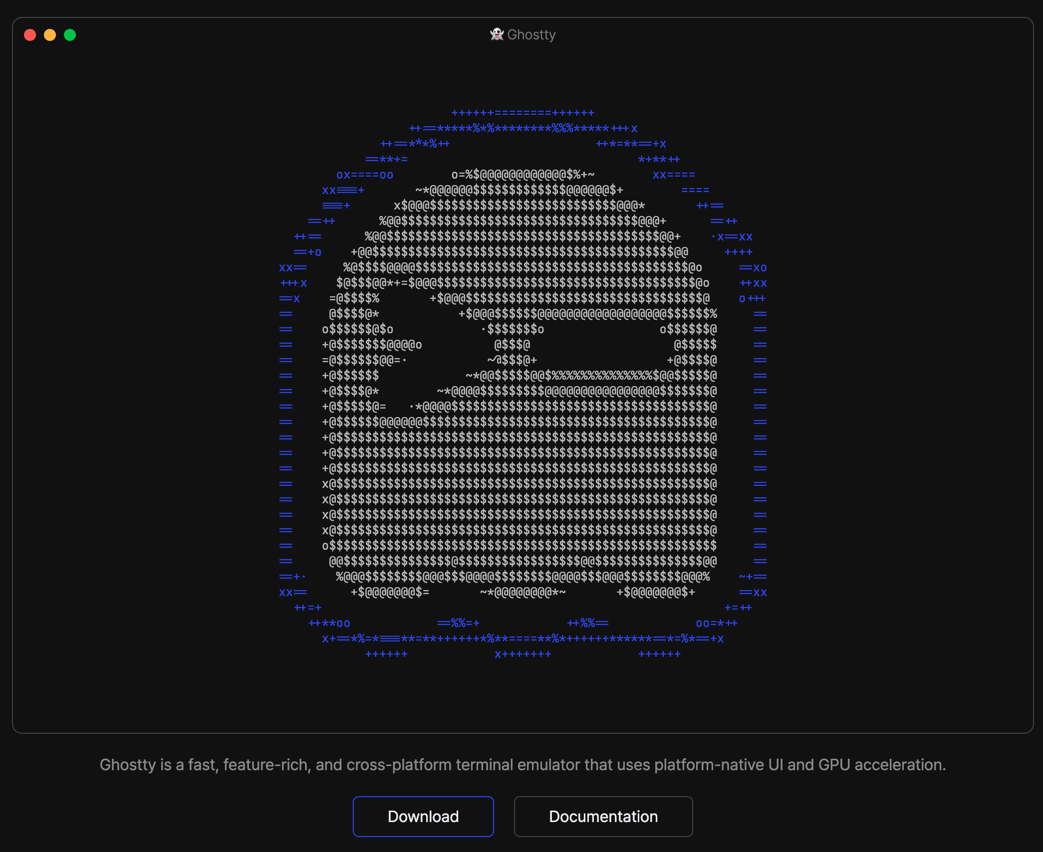Ghostty terminal emulator showing ASCII art logo with platform-native UI and GPU acceleration description