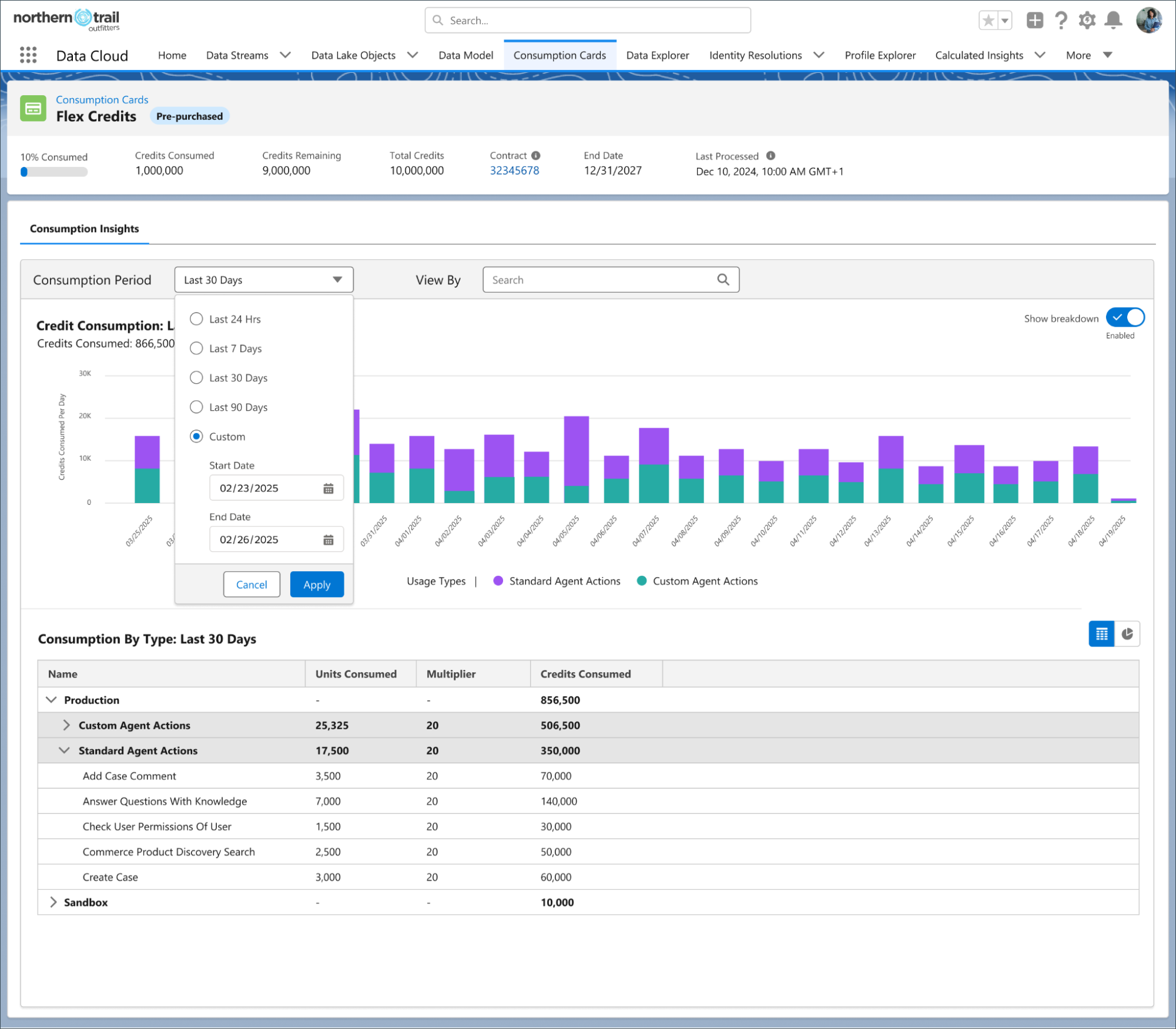 Salesforce Data 360 Flex Credits View By filter showing organization-level filtering options for multi-org credit consumption monitoring