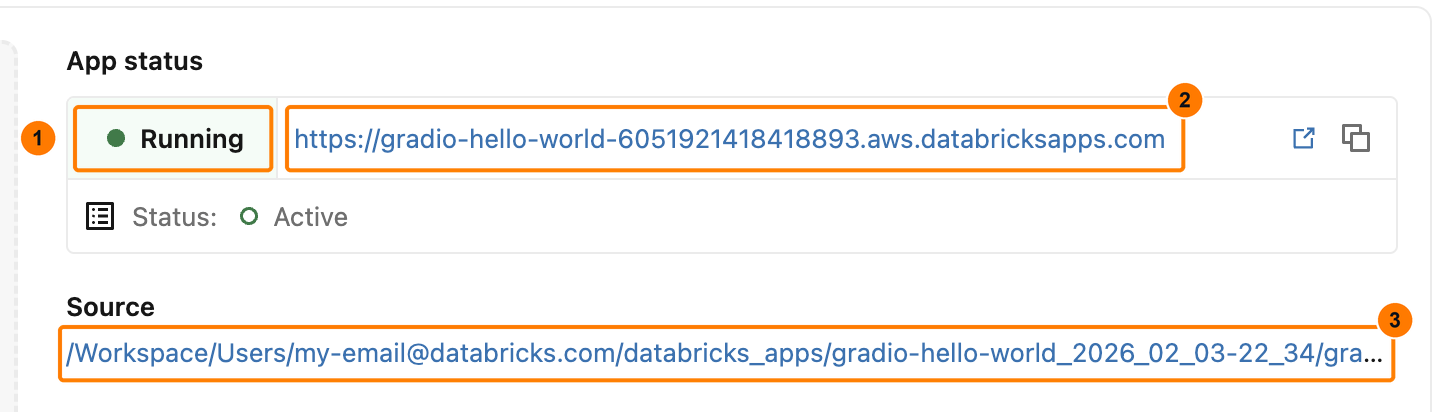 The App status panel on a Databricks App's overview page, with three highlights: the Running status, the app's own web address ending in databricksapps.com, and the workspace folder that holds its source code.