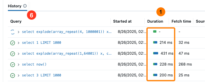 Query history on a SQL warehouse's Monitoring tab, with the Duration column highlighted: select 1 LIMIT 1000 took 214 ms, select now() took 228 ms and select 3 LIMIT 1000 took 200 ms.